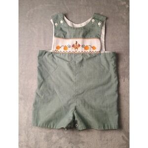 Two Friends Romper Boys 12-18 Months Green Gingham Smocked Turkey Thanksgiving
